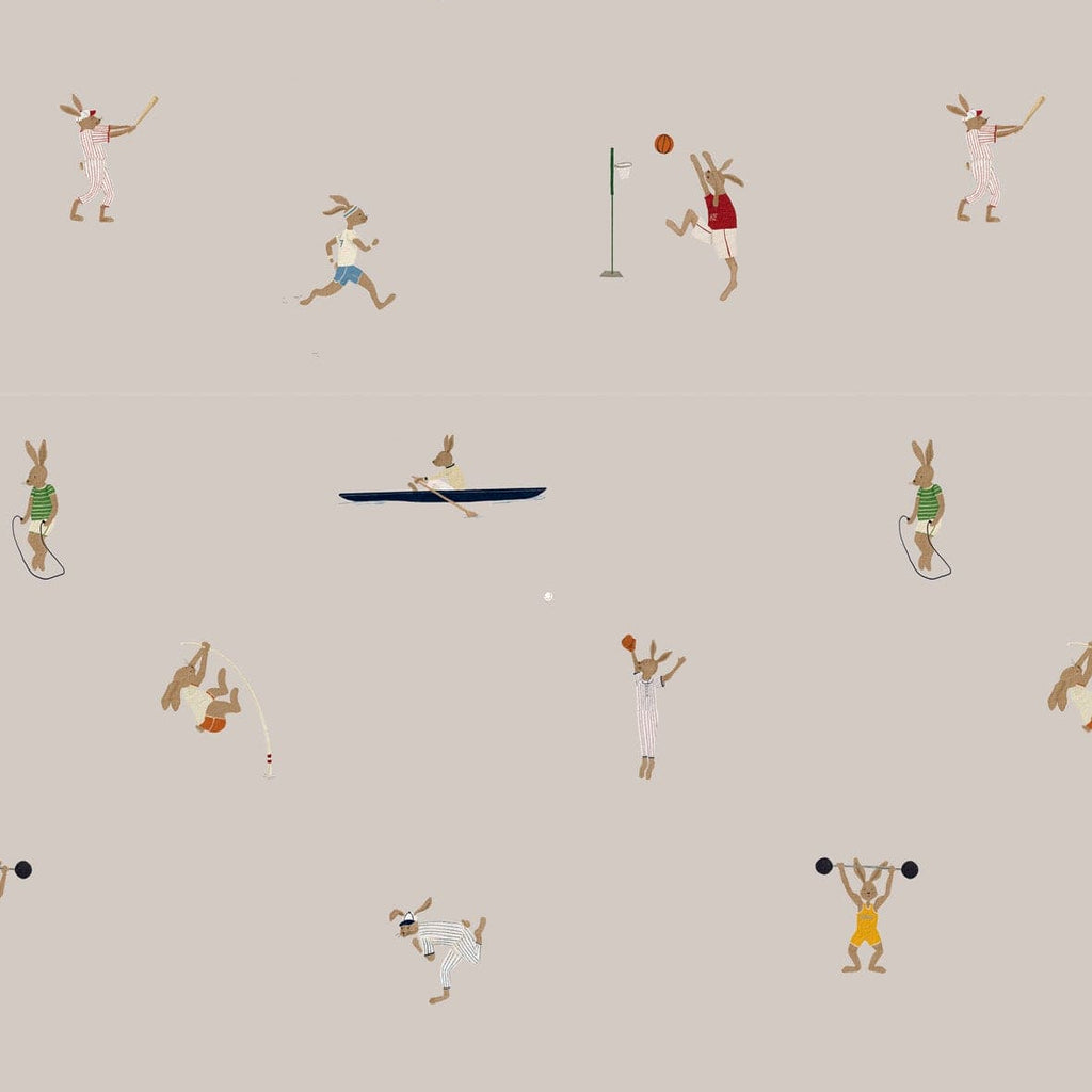 Sports bunnies beige wallpaper for children's rooms hand-painted design Amsterdam active theme