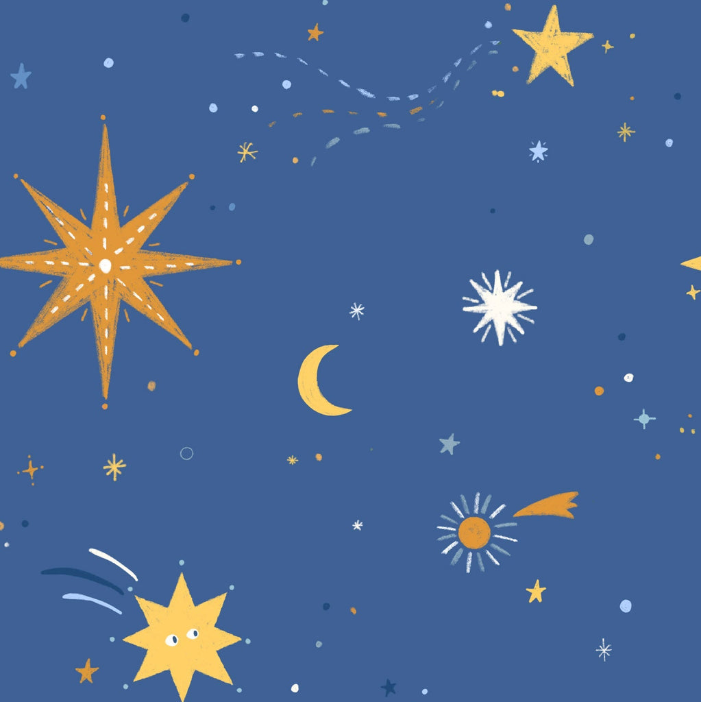 Galaxy wallpaper for kids with cheerful stars and moons in bright, neutral colors – perfect nursery wallpaper for boys and girls