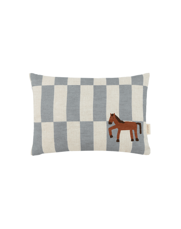 Nobodinoz - Vibes collection - Linen Blue Tiles Horse cushion - 33 x 22 cm S