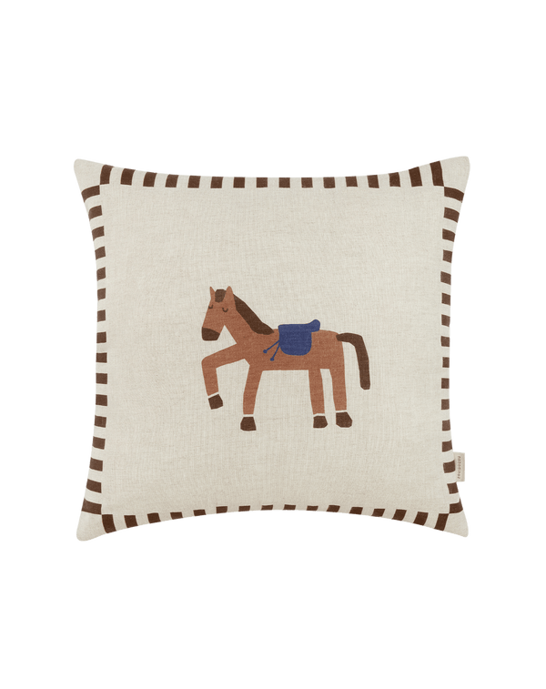 Nobodinoz - Vibes collection - Linen square charcoal cushion with horse - 40 x 40 cm