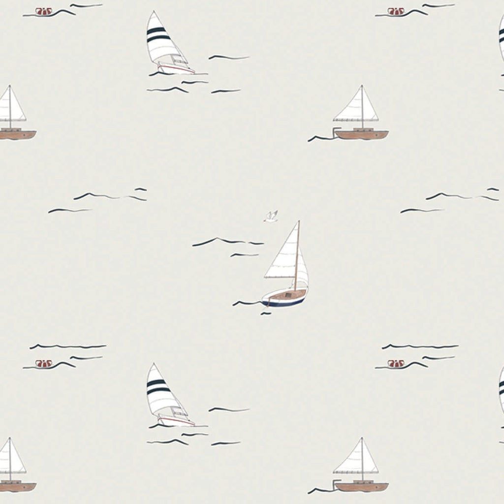 Beige sailboat wallpaper for children's rooms hand-painted nautical design Amsterdam