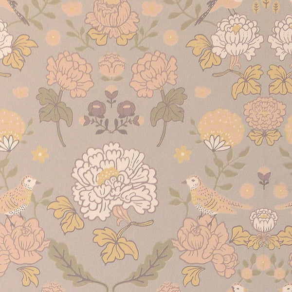 Majvillan behang voor de kinderkamer print june mindful grey - grijs met bloemen en vogels
