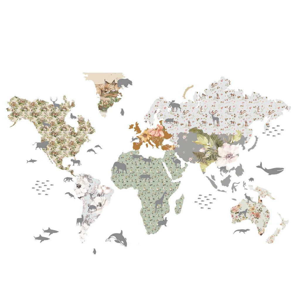 Dekornik Muursticker Wereldkaart voor de kinderkamer Bloemen