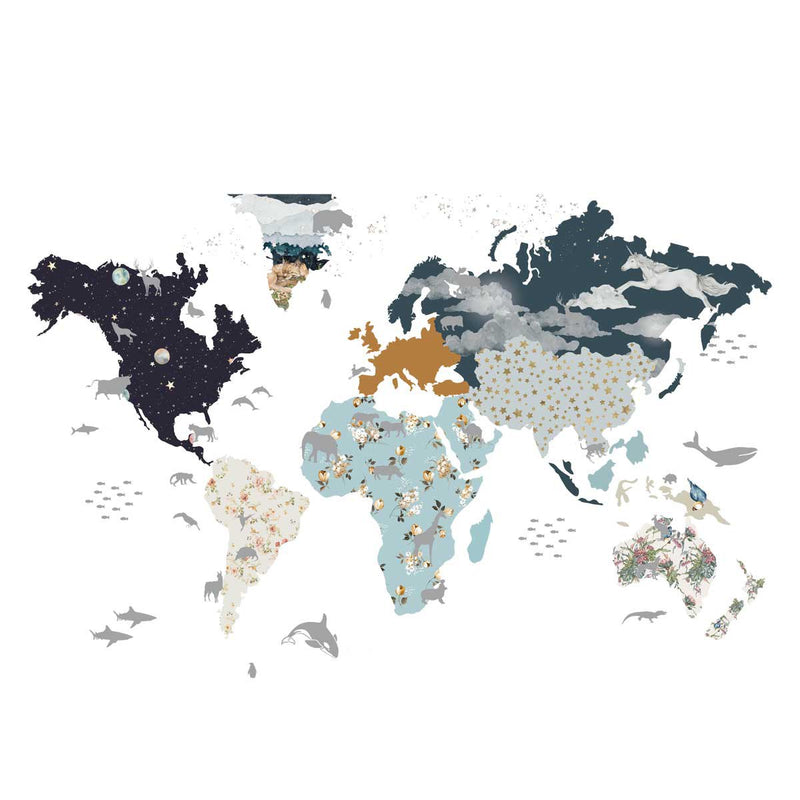 Dekornik Muursticker wereldkaart voor de kinderkamer in de lucht blauw