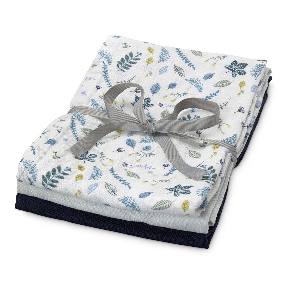 CamCam Muslin Cloths Pressed Leaves Blue, Baby Blue, Navy 3-Pack